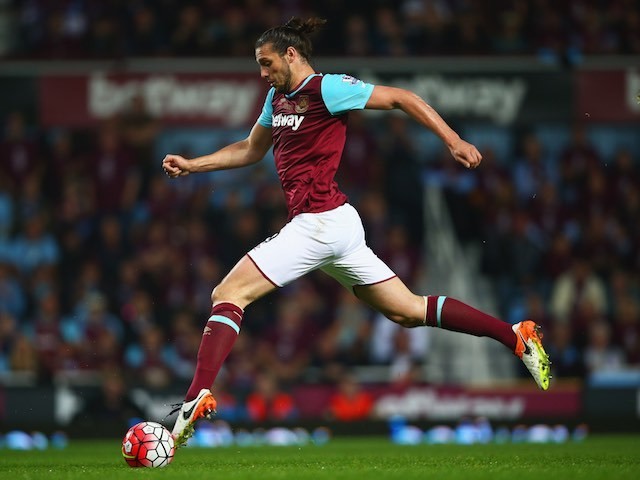 Andy 'The Gazelle' Carroll leaps forward during the Premier League game between West Ham United and Manchester United on May 10, 2016